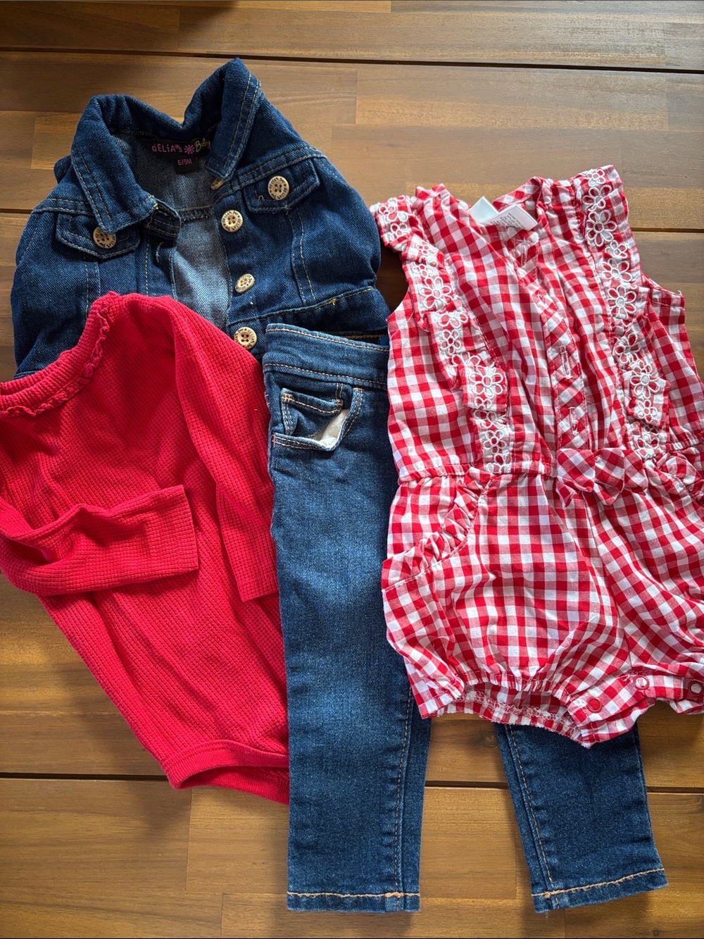 Nannette Girls Red Gingham Romper, Red Sweater & Denim Jacket Set